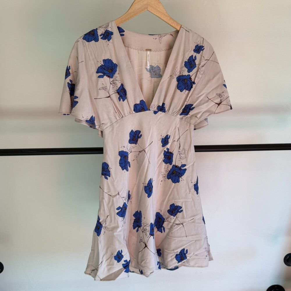 Free People Cream & Blue Floral Melanie Draped Floral Mini Dress - Picture 1 of 12